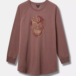 Torrid Sweatshirt 1X 2X --Skull Embroidered Studded Tunic Top Crew Plus Size NWT